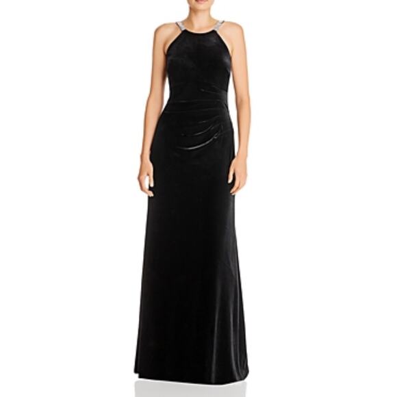 Black Velvet Beaded Strappy Back Evening Gown Size 6 Long Formal Dress by AQUA - Picture 12 of 13